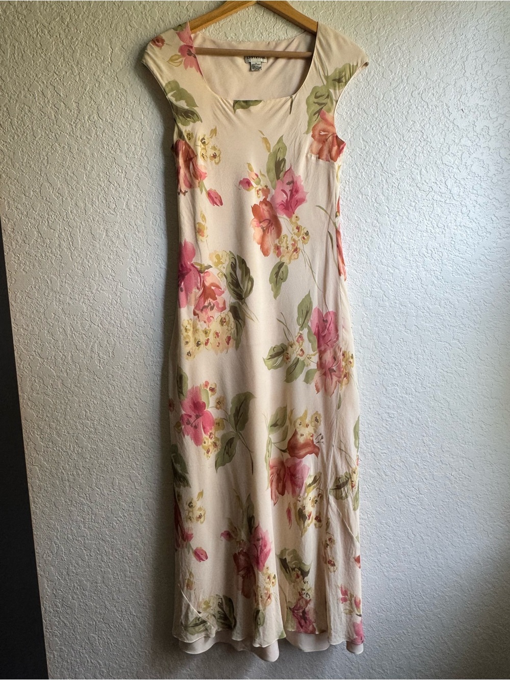 Vintage Ann Taylor 100% Silk Floral Maxi Slip Dress Y2K 90s Cream Pink